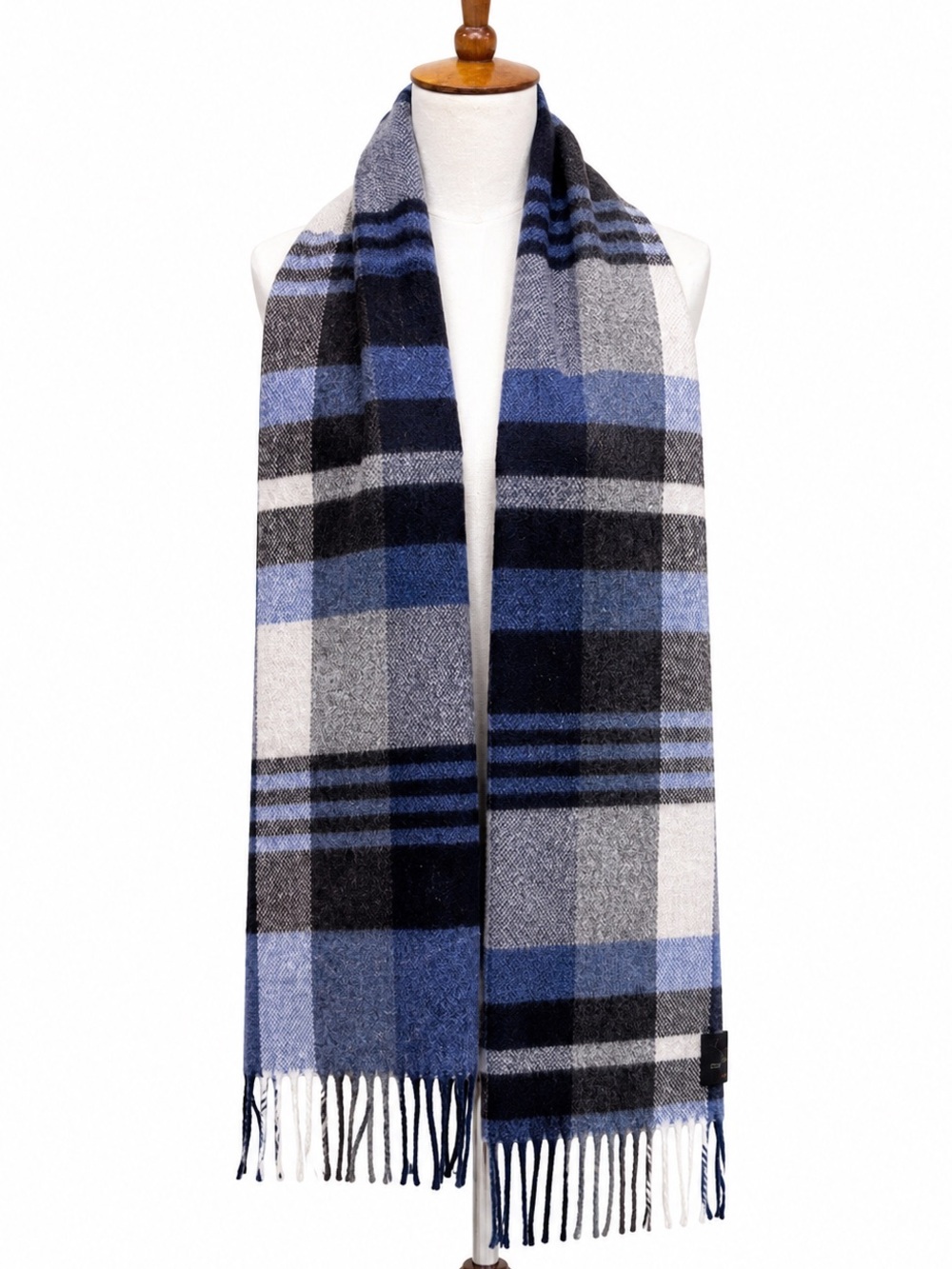 Italian Woollen Treasure Men's Blue Plaid Fringe Scarf - Classic Winter Wool